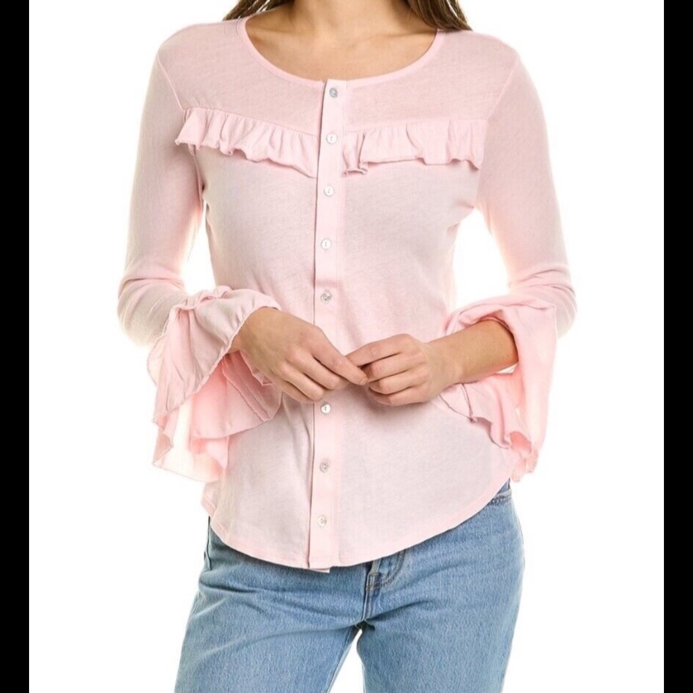 Chaser Button Down Collarless Top With Ruffle Bell Long Sleeves Pink Size M